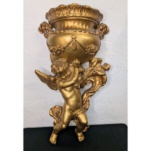 VINTAGE 1975 "UNIVERSAL" MOLDED GOLD WINGED CHERUB STATUE DECOR WALL ART POCKET